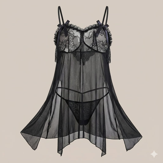 Lace & Sheer Mesh Babydoll Nighty