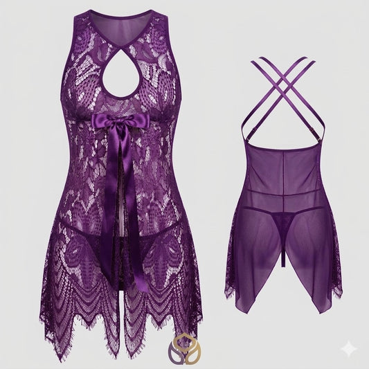 Floral Lace Babydoll – Open Back Chemise with Satin Bow