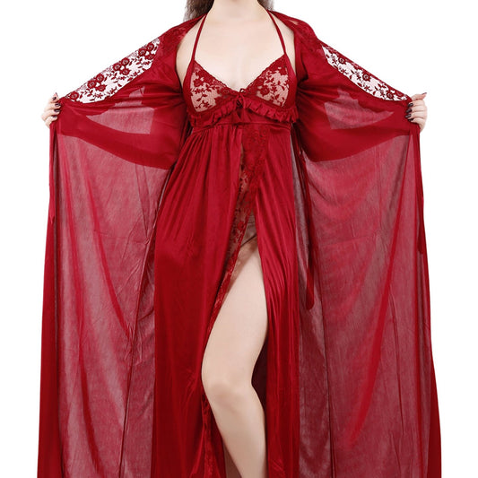 Luxe Rose Satin Nightgown & Robe Set – 2-Piece Lace Embroidery Bridal Lingerie