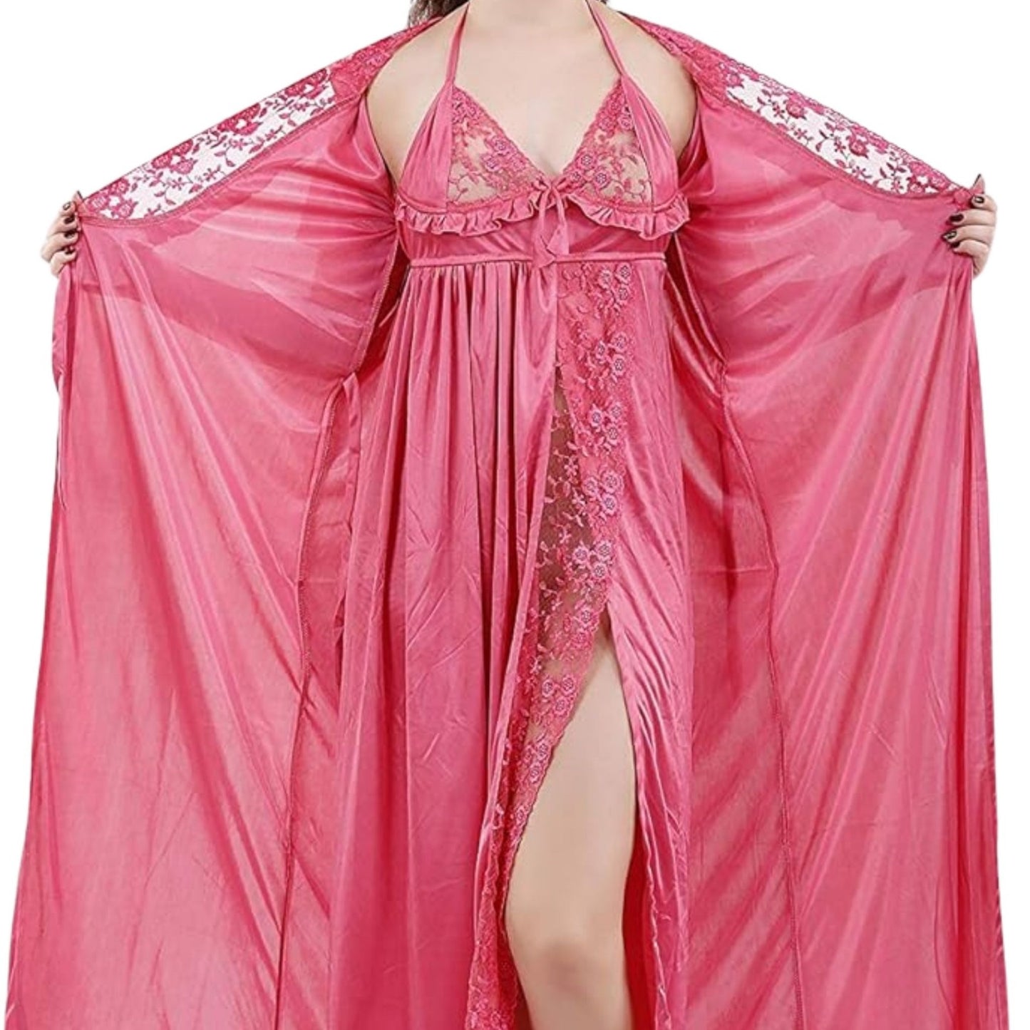 Luxe Rose Satin Nightgown & Robe Set – 2-Piece Lace Embroidery Bridal Lingerie